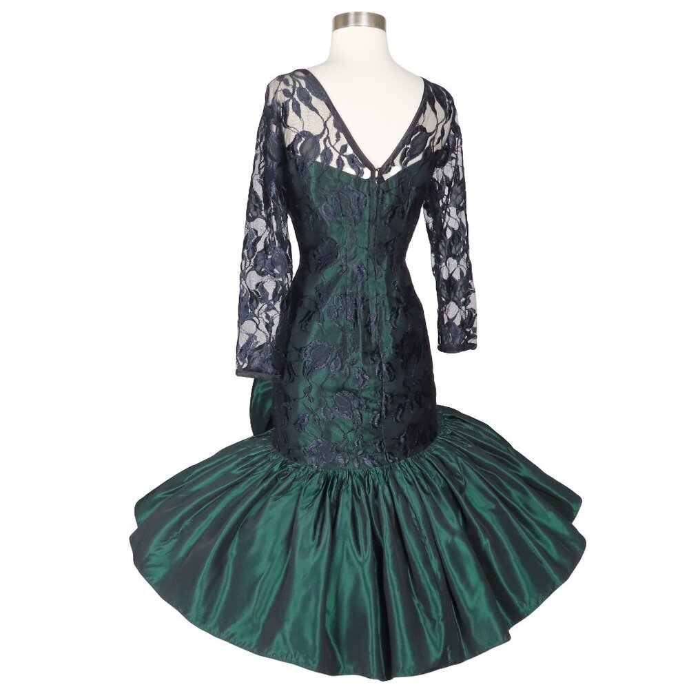 Vintage 80s Black Lace Green Long Sleeve Mermaid Full Skirt Prom Party Dress M - Picture 4 of 10